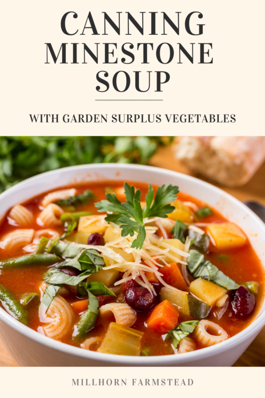 Canning minestrone soup with tomatoes, zucchini, green beans and garden vegetables
