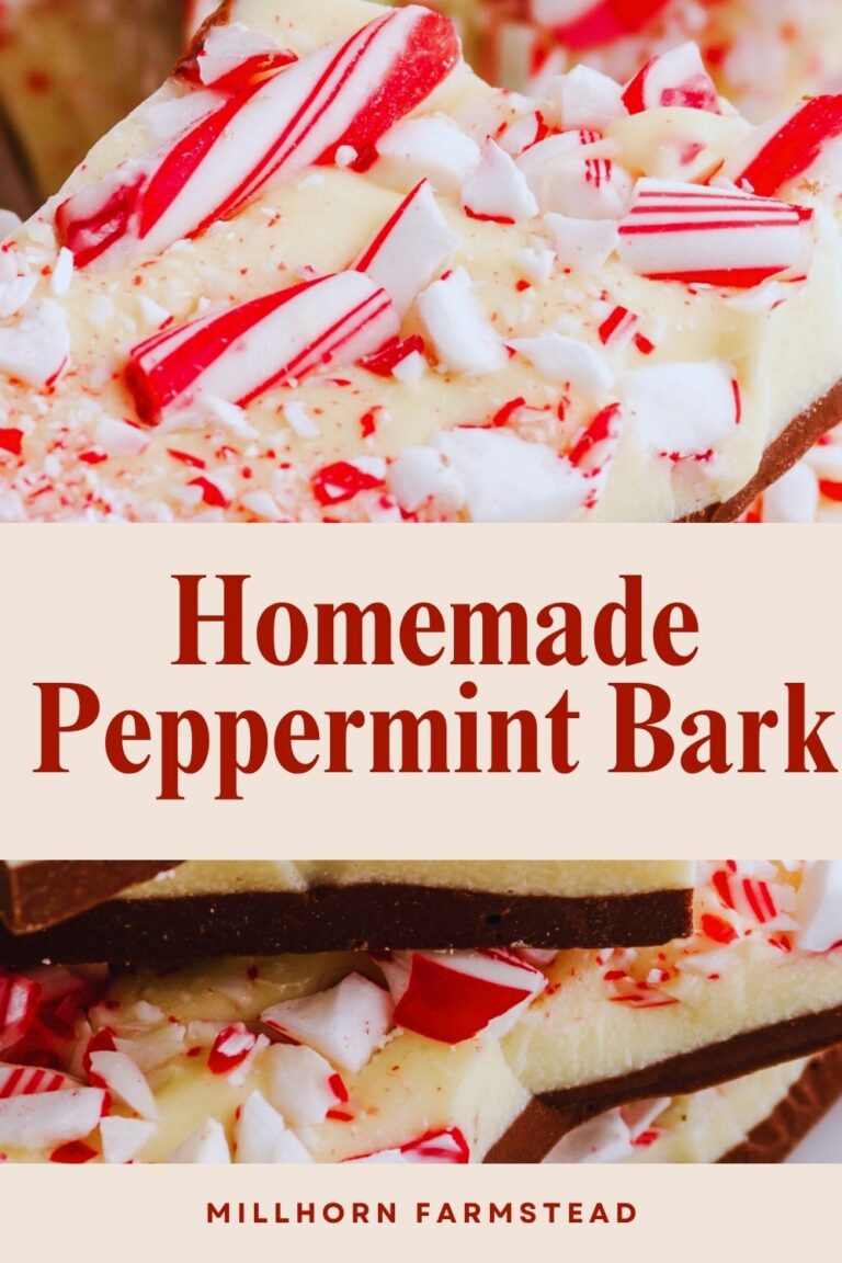Homemade peppermint bark with layers of dark and white chocolate topped with crushed red and white candy canes
