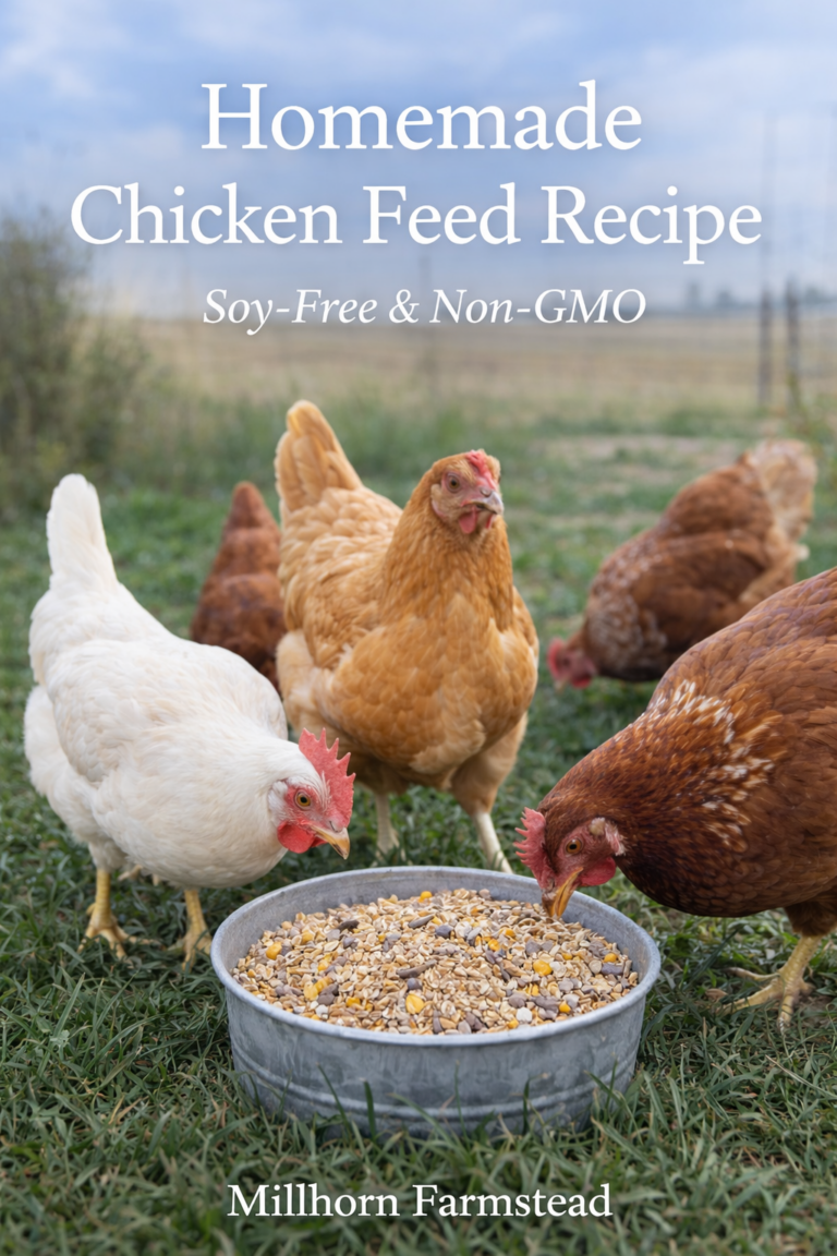 Golden backyard laying hen standing on green grass in a quiet rural setting, representing simple chicken keeping and egg production on a homestead.
