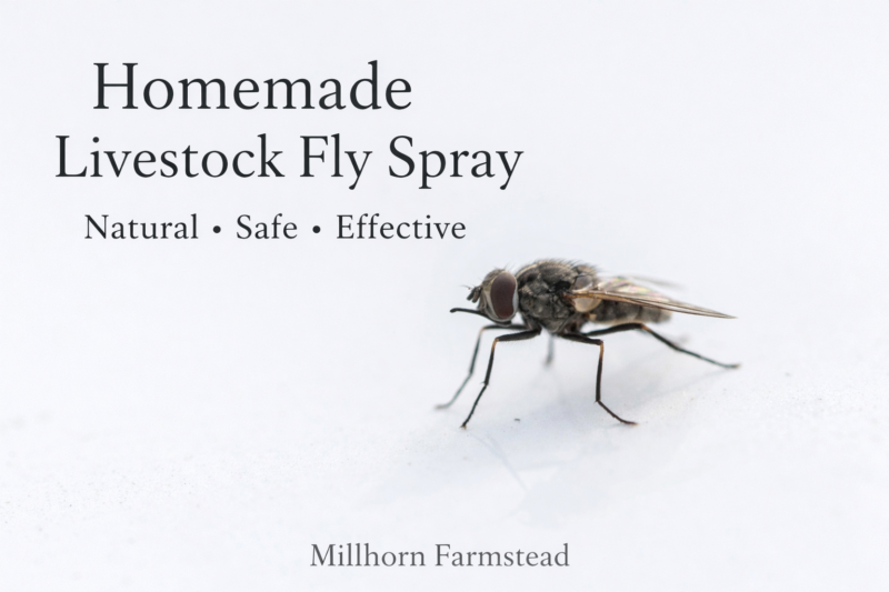 Close-up of a fly with text overlay for homemade livestock fly spray, a natural essential oil solution for repelling flies on farm animals.