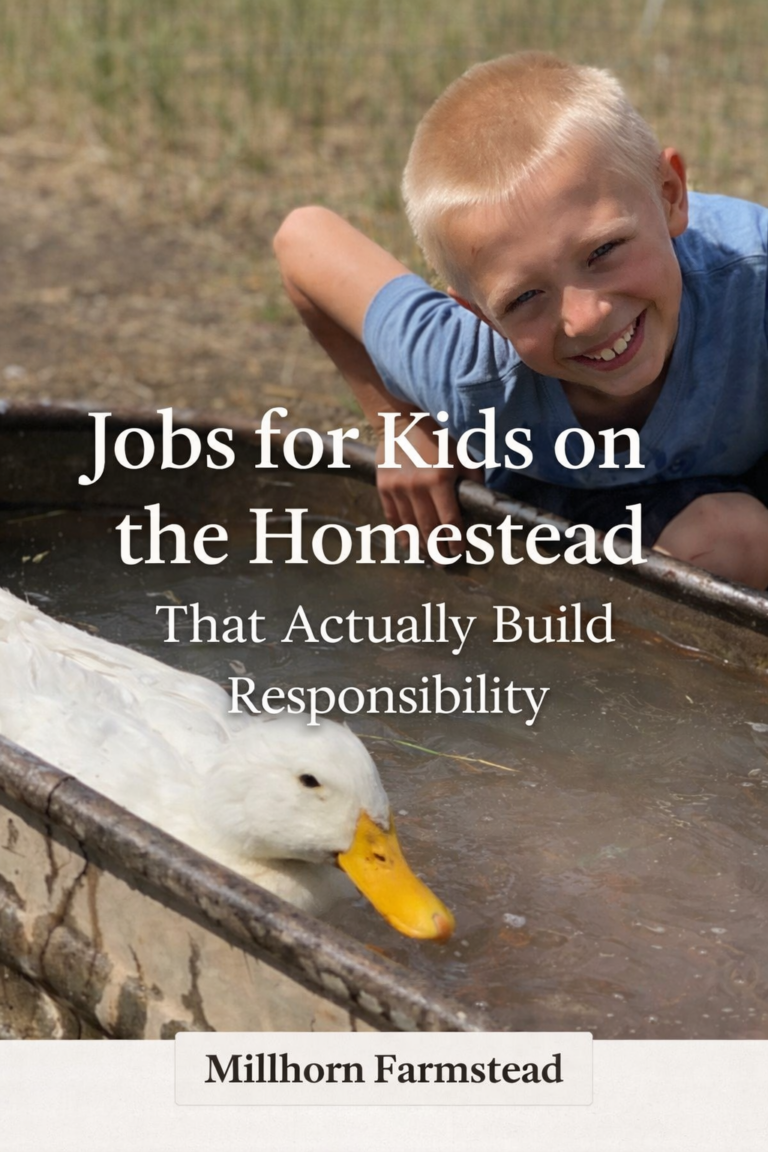 boy helping with homestead chores washing duck in water trough