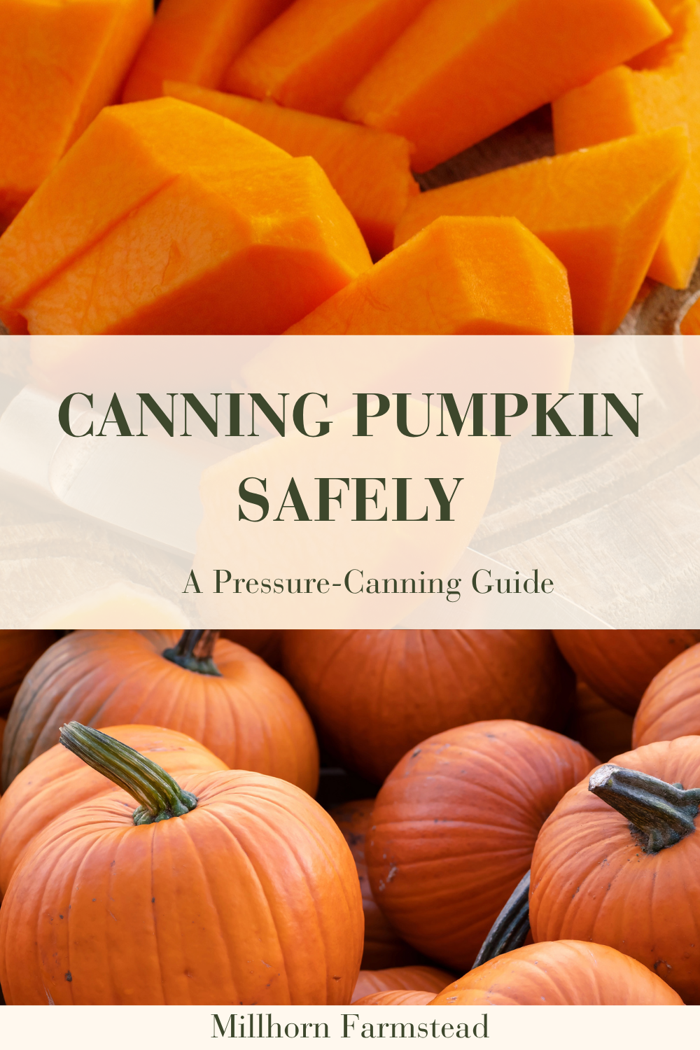 Peeled pumpkin cut into 1-inch cubes on a wooden cutting board for pressure canning.