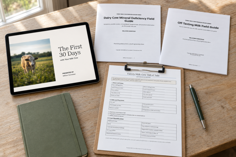 Family milk cow bill of sale, printable checklists, and mineral tracking resources included in the bundle