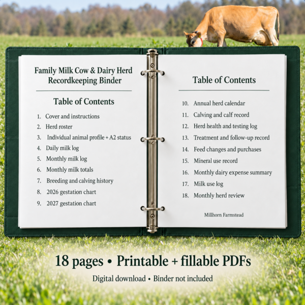 Family MIlk cow binder table of contents
